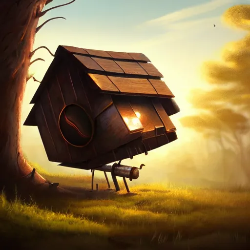 Image similar to a walking wood and metal house with two legs and one big eye, rust, hyperrealistic, highly detailed, cinematic, single ray of sun, morning, pareidolia, gravity falls style, disney, beautiful, cgssociety, artstation, 8 k, oil painting, digital art