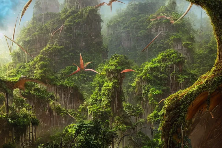 Prompt: an epic landscape view new york times square in the jurassic era, covered in vines and moss, jungle, with pterosaurs flying, close - up, low angle, wide angle, atmospheric, volumetric lighting, cinematic, very realistic, sharp, highly detailed digital art, painted by tyler edlin