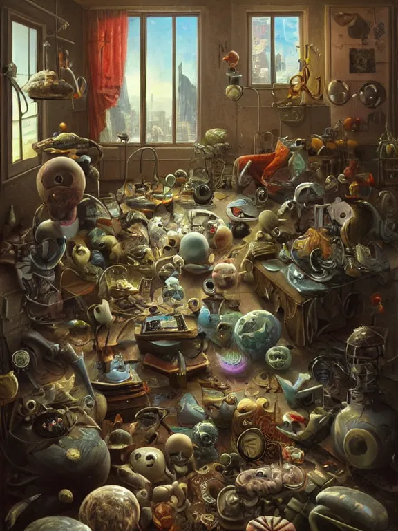 Image similar to a bunch of strange looking objects in the middle of a room, a surrealist painting by brian despain and pascal blanche, cgsociety, pop surrealism, dystopian art, surrealist, fractalism