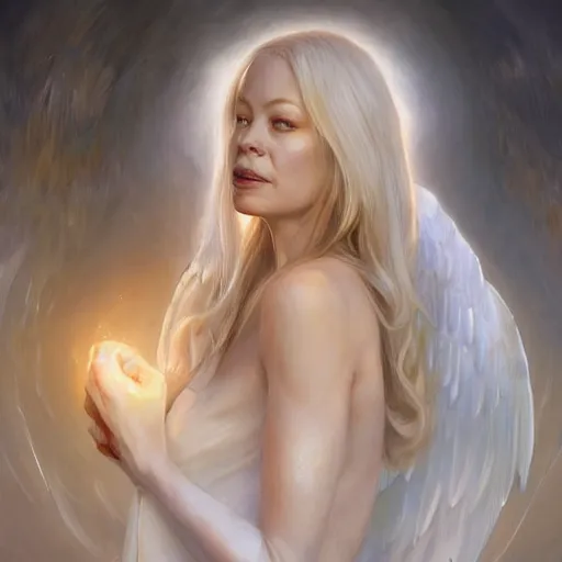 Image similar to Portrait of Jeri Ryan as a beautiful pale laughing angelic maiden with angel wings, and a glowing halo, white lighting, digital art by Ruan Jia and Mandy Jurgens and Artgerm, highly detailed, trending on artstation, award winning,