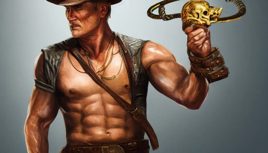 Prompt: dolph lundgren as indiana jones holding a whip in left hand and holding a golden mayan skull in the right hand, grey background, hyperdetailed, artstation, cgsociety, 8 k