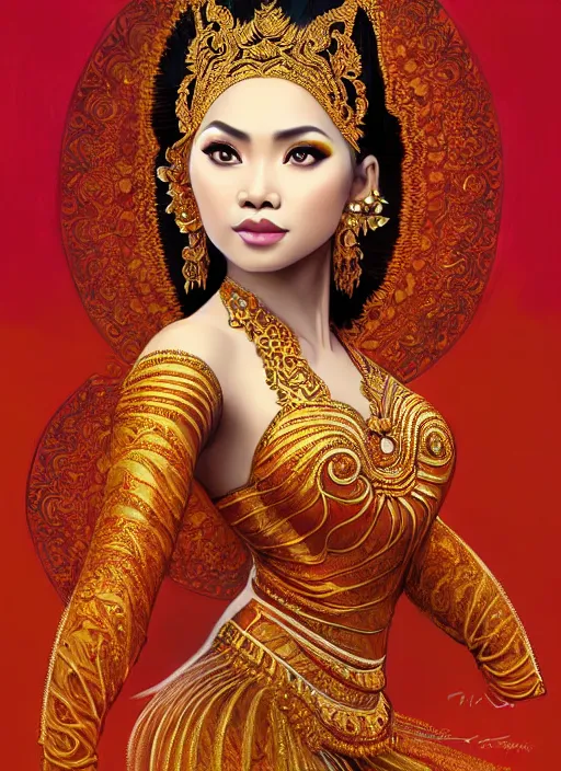 Image similar to beautiful javanese traditional dancer, surealism, aesthetic, shiny, fantasy, intricate, elegant, extremely higly detailed, digital painting, artstation, body symmetrical, baroque, concept art, photoshop, krita, smooth, sharp focus, full body focus, illustration, digital painting, art by artgerm and greg rutkowski and alphonse mucha