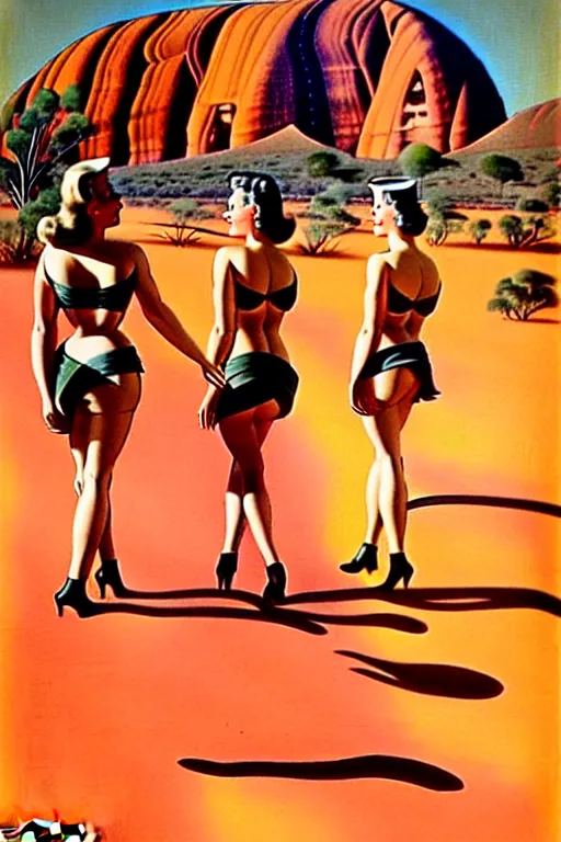 Image similar to 1940s group of pinup bikini girls walking around 1940s Ayers Rock, Uluru, in Australia, oil painting, by Gil Elvgren