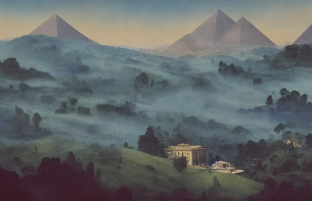 Image similar to umbrian hills dissolving into mist under a limpid blue sky building by frank lloyd wright most glorious colours ever put on canvas intact flawless ambrotype from 4 k criterion collection remastered cinematography gory horror film, ominous lighting, evil theme wow photo realistic postprocessing the pyramid of figures is drawn together royal garden design by andre le notre jan van der heyden