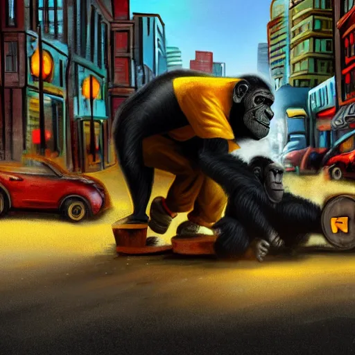 Prompt: an image of a steamroller that's about to run over a chimpanzee that's picking up pennies in a city street, dramatic lighting, highly detailed digital painting