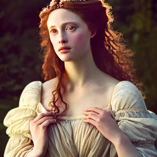 Prompt: photographic portrait of a stunningly beautiful renaissance pre raphaelite lady guinevere female in soft dreamy light at sunset, contemporary fashion shoot, by edward robert hughes, annie leibovitz and steve mccurry, david lazar, jimmy nelsson, breathtaking, 8 k resolution, extremely detailed, beautiful, establishing shot, artistic, hyperrealistic, beautiful face, octane render