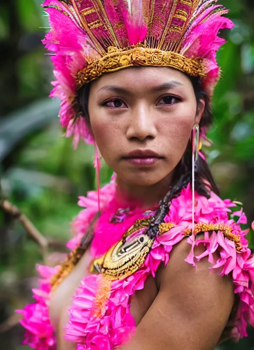 Image similar to portrait of female amazon warrior wearing pink kebaya in bali, by charlotte grimm, natural light, detailed face, canon eos c 3 0 0, ƒ 1. 8, 3 5 mm, 8 k, medium - format print