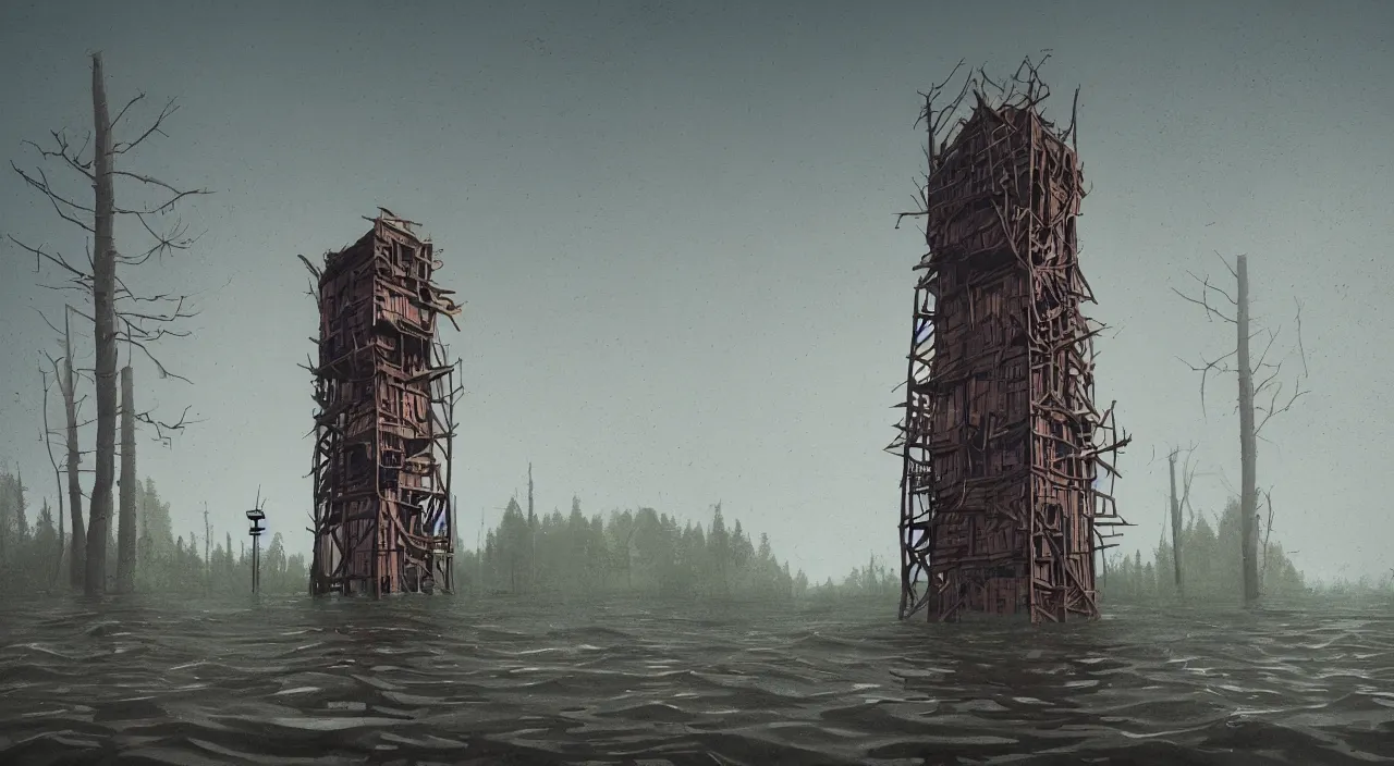 Image similar to single flooded simple wooden tower, very coherent and colorful high contrast ultradetailed photorealistic masterpiece by simon stalenhag, dark shadows, sunny day, hard lighting