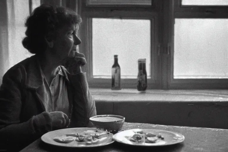 Image similar to soviet movie still a soviet woman sitting at a table next to the window with food, dark warm light, a character portrait by margarita terekhova, movie stalker solaris film still by andrei tarkovsky, 8 k, 1 9 8 4, close - up bokeh, gelios lens, color, noir