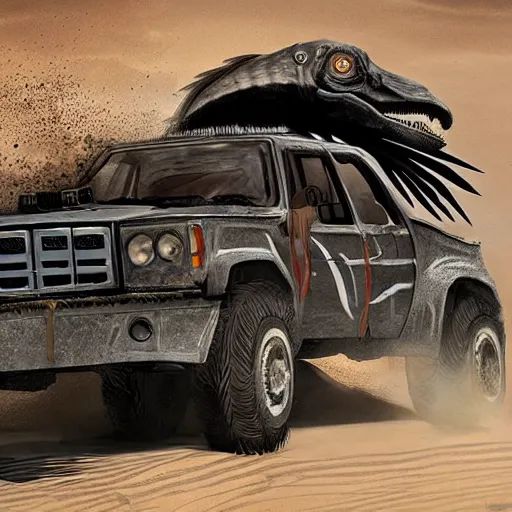 Image similar to velociraptor as a truck in the style of mad max and star wars, futuristic dramatic lighting, intricate photorealistic detail, many exotic high end features