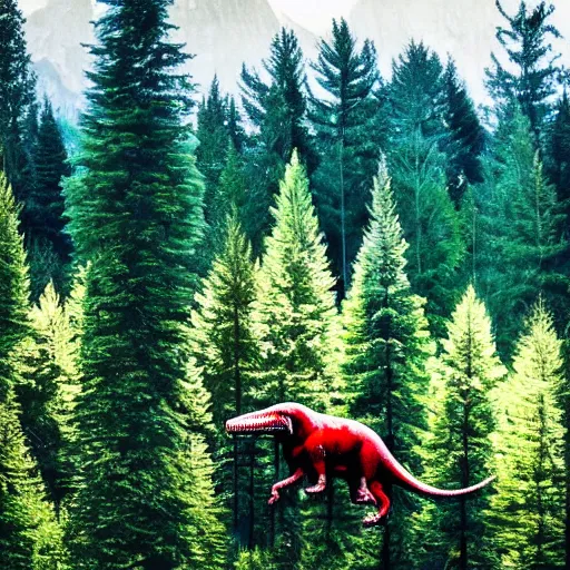 Image similar to a t - rex in the coniferous forest, background dolomites, cinematic, diffused light among the trees, artistic drawing
