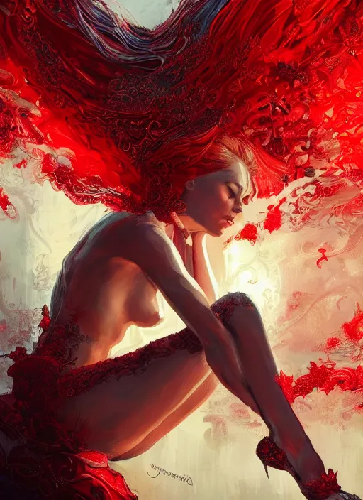 Image similar to woman in love sit upon a scarlet coloured beast, pain, royal dress, light effect, hyper detailed, intricate, atmospheric, elegant, highly detailed, digital painting, artstation, concept art, matte, sharp focus, illustration, by james jean, andrei riabovitchev, marc simonetti, yoshitaka amano