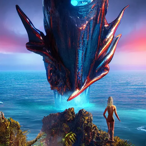 Image similar to octane render by mort kunstler and annie leibovitz and angus mckie, a giant shiny reflective huge metal eccentric flamboyant strange humanoid cat creature covered in tropical glowing alien plants on the side of a stunning cliffside over crashing ocean waves, sunset lighting, 4 d, 4 k, volumetric lighting, ray traced lighting, ultra - detailed