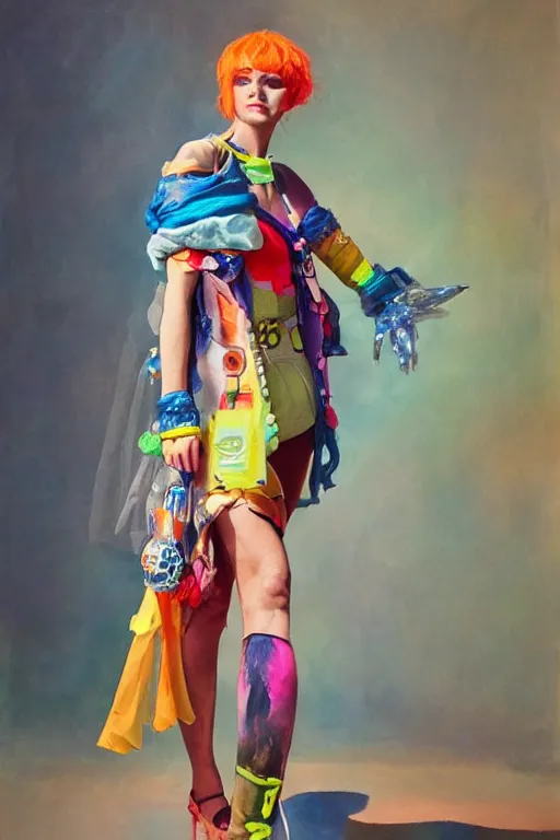 Prompt: a character wearing a diy! costume, with fluo colored details, muted colors, vivienne westwood, nausicaa, hyper real painting