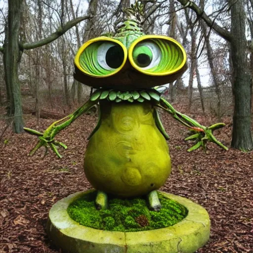 Image similar to statue of a radial creature with 4 eyes and 8 legs with very yellow moss and yellow plants