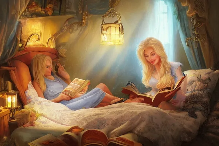 Prompt: portrait of young dolly parton reading a bedtime story to jim morison in bed, an oil painting by ross tran and thomas kincade