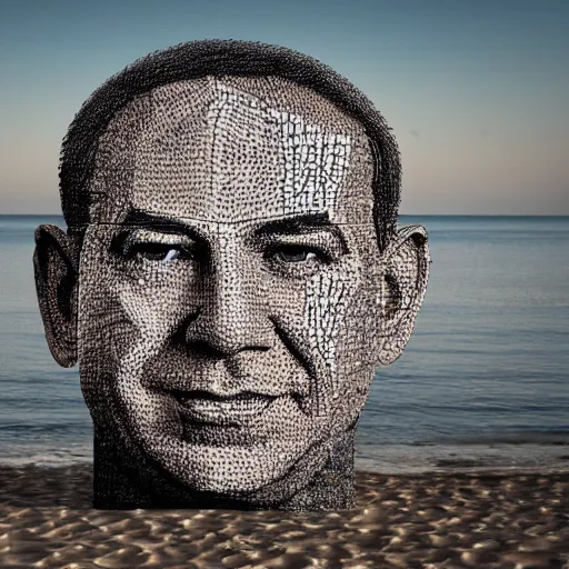 Prompt: a giant benjamin netanyahu head sculpture in the sea made out of thousands of small hamburgers, long shot, hyper detailed, hyper realistic, ray tracing, 8 k resolution, sharp focus, realistic water, award winning