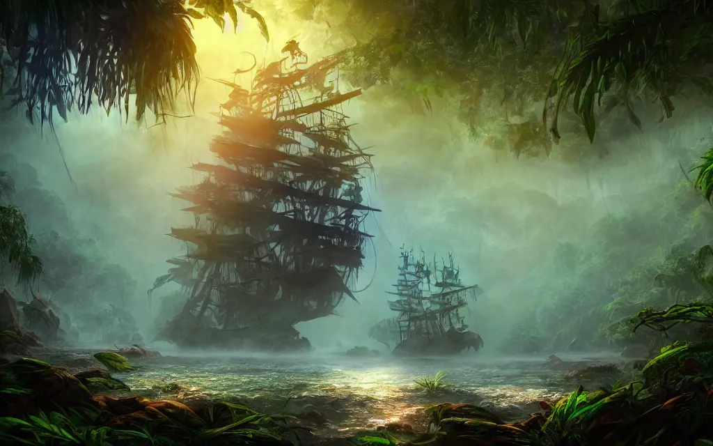 Image similar to a large pirate ship in a dense jungle, misty background, light rays, beautiful lighting, vivid colors, intricate, elegant, highly detailed digital painting, concept art, smooth, sharp focus, unreal engine, 4 k wallpaper, trending on cgsociety, trending on artstation