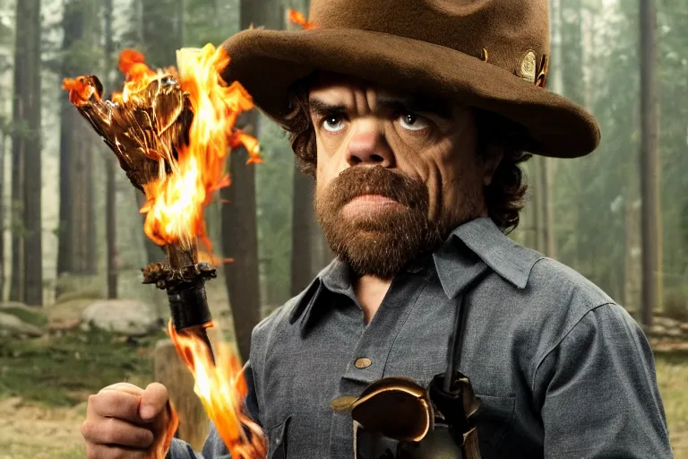 Image similar to peter dinklage holding a flare fighting smokey the bear, movie still, from the new sleepaway camp movie, 8 k, realistic