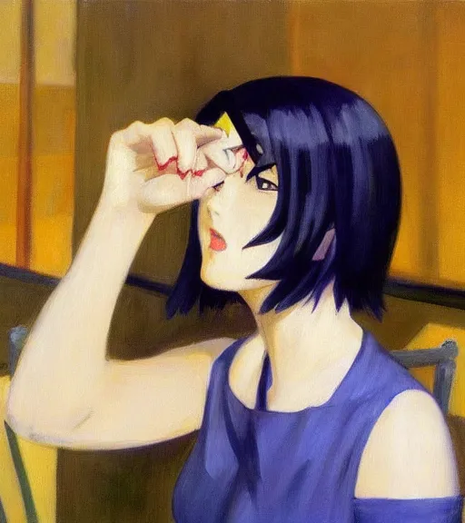 Image similar to edward hopper painting of an anime woman