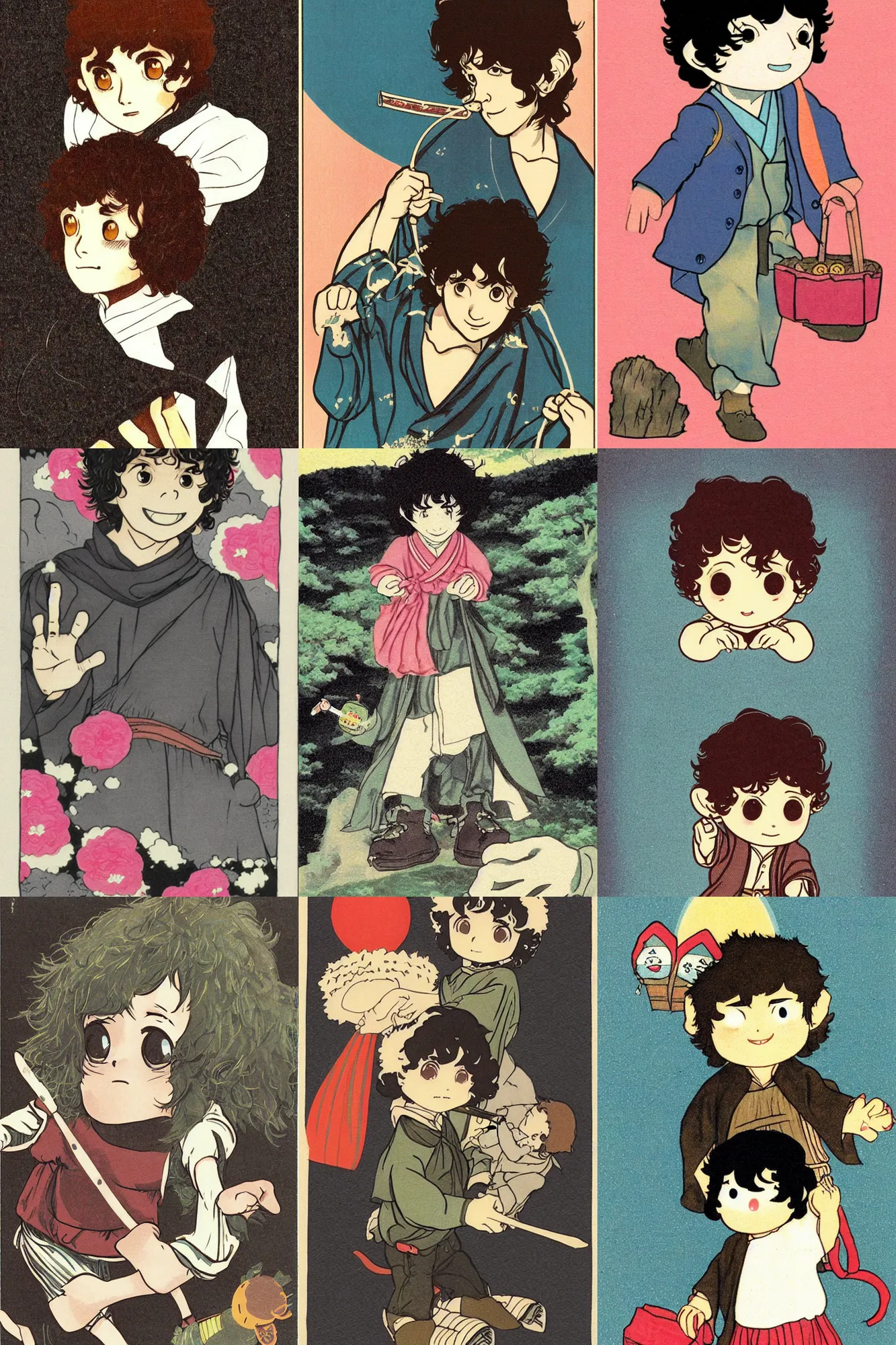 Prompt: frodo baggins, Kawaii Japanese illustration, 1980s