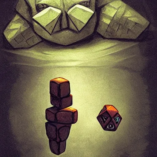 Image similar to Golem with a 12 sided dice as head. Dark Fantasy, concept art, art by Kouichirou Harada