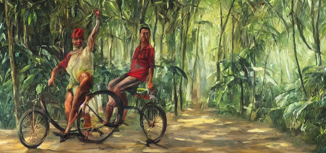 Image similar to kayne sitting on cyclo, inside a tropical forest, daylight happy mood, aged oil painting by le pho