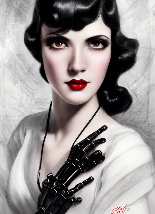 Image similar to high angle photo of a dark haired woman from 2 0 s decade of xx century with robotic eyes, gloomy atmosphere, film noir realistic, sharp focus, 8 k high definition, insanely detailed, intricate, elegant, art by stanley lau and artgerm