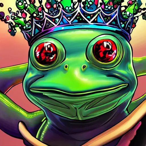 Image similar to frog with Queen's crown anime cyberpunk hyperdetailed