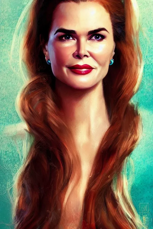 Image similar to portrait of a mix of beautiful young maria shriver, mariel hemmingway, brooke shields, nicole kidman and elle macpherson as a mermaid, thin lips, hair tied up in a pony tail, colorful artstation, cgsociety