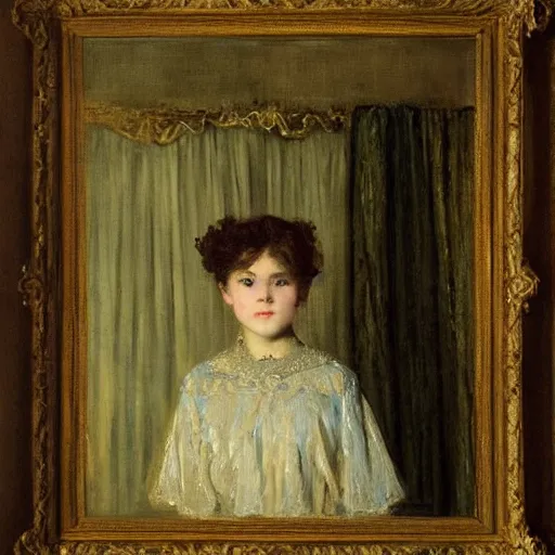 Image similar to young actress looking through the curtain in the theatre by alfred stevens