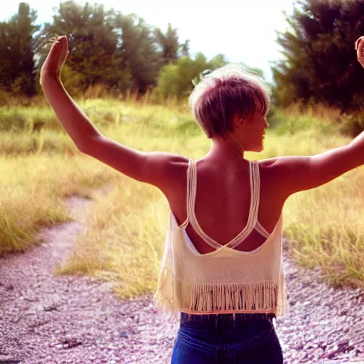 Image similar to beautiful young woman, short hair, tank top, arms raised above her head, cottagecore, razorfree, hippie, naturist, portrait photography, portra 800