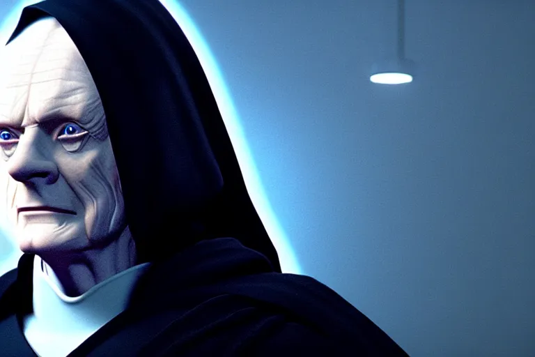 Image similar to a cinematic still of (Ian McDiarmid!!!) as palpatine, wearing sith hood, Ian McDiarmid, ((octane render, nvidia raytracing demo)), ((((lightning)))), masterpiece