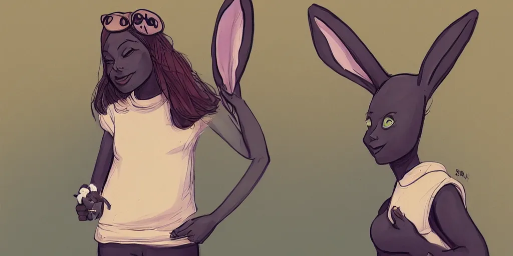 Image similar to women, dark skin, ginger, cartoon, sweatshirt, concept art, concept art, bunny ears,