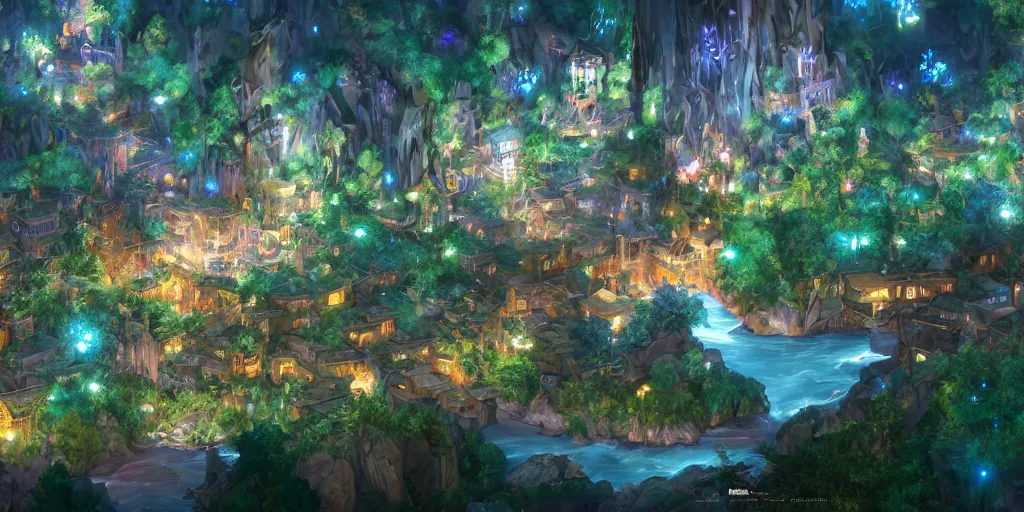 Image similar to beautiful and immersive magical town, magical buildings, bioluminescent forest surrounding, gentle rivers flowing through town, visual novel key visual, award - winning digital art on pixiv, trending on artstation - highly detailed, hyperrealistic, unreal engine 5, in the style of kingdom hearts