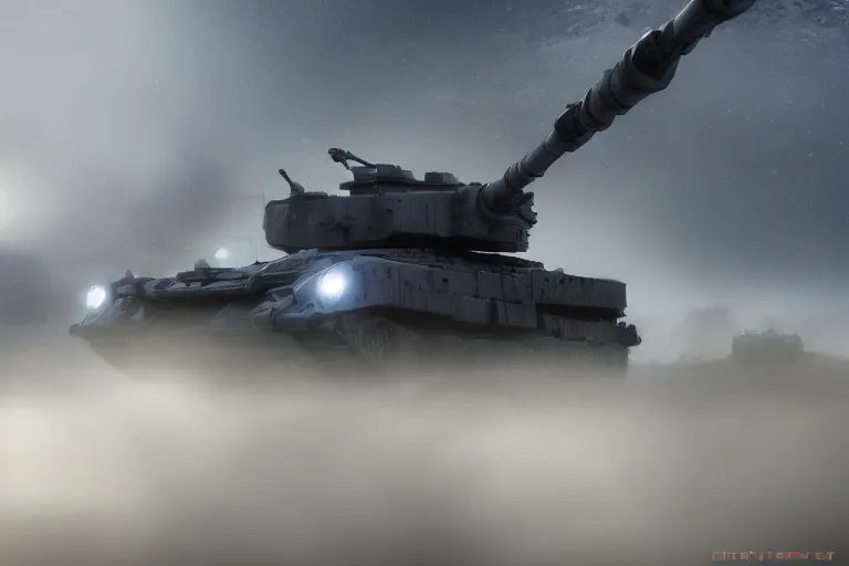 Prompt: sci fi battle tank, battle, fog, highly detailed, cinematic, dramatic lighting, 8 k