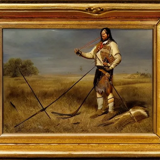 Image similar to american indian hunting sabertooth tiger with bow and arrow, plains by emanuel leutze