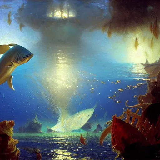 Image similar to point of view of deep in the ocean looking up, you see fishes, higher up you see very clearly the milk way illuminating the sea down bellow. highly detailed painting by gaston bussiere, greg rutkowski 8 k