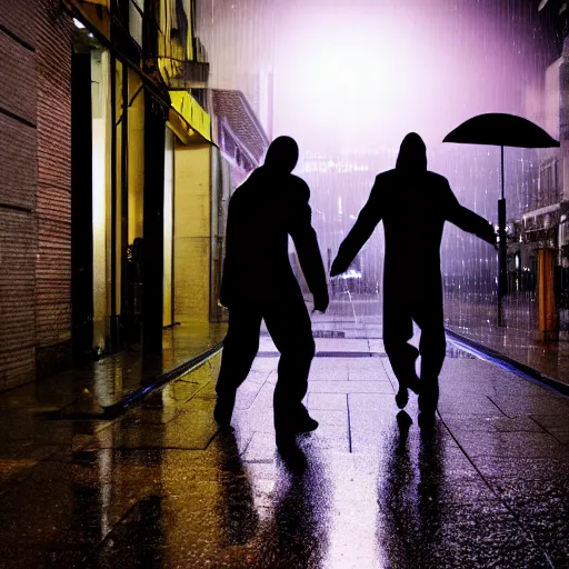 Prompt: an extreme wide shot of a cybernetic ninja chasing a man in a suit, raining in the city streets lit up with neon