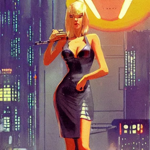 Prompt: a portrait of a beautiful blonde femme fatale woman wearing a cocktail dress, and pointing a pistol, long hair, in a futuristic blade runner city, art by Robert McGinnis, Pixar, trending on Artstation, 8K