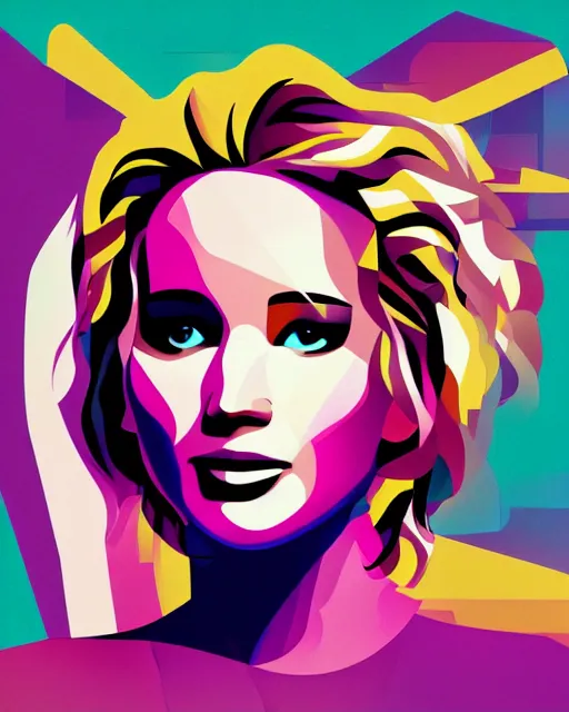 Prompt: cubist portrait of jennifer lawrence cutout digital illustration cartoon colorful beeple