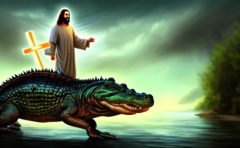 Image similar to jesus rides an aligator, cinematic, fantasy, hyper detailed, digital painting, 4 k realistic, trending on artstation, sharp focus, john banovich, photographer art wolfe, light source on left