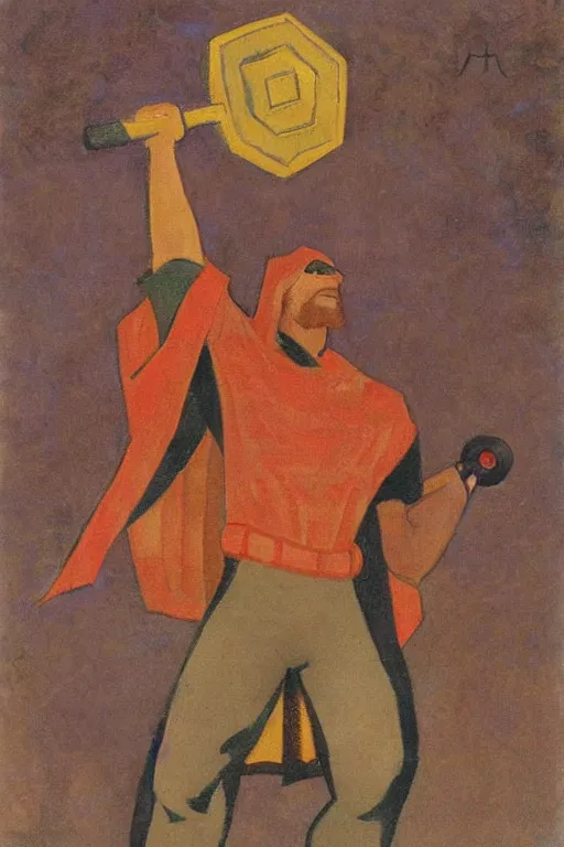 Image similar to thor holding the hammer, marvel, artwork by nicholas roerich,