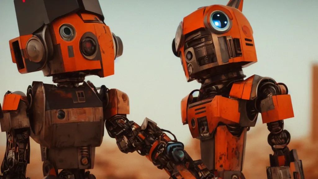 Prompt: film still from the movie chappie of the robot chappie shiny metal outdoor planet mars deep orange red rock scene bokeh depth of field several figures furry anthro anthropomorphic stylized cat ears head android service droid robot machine fursona