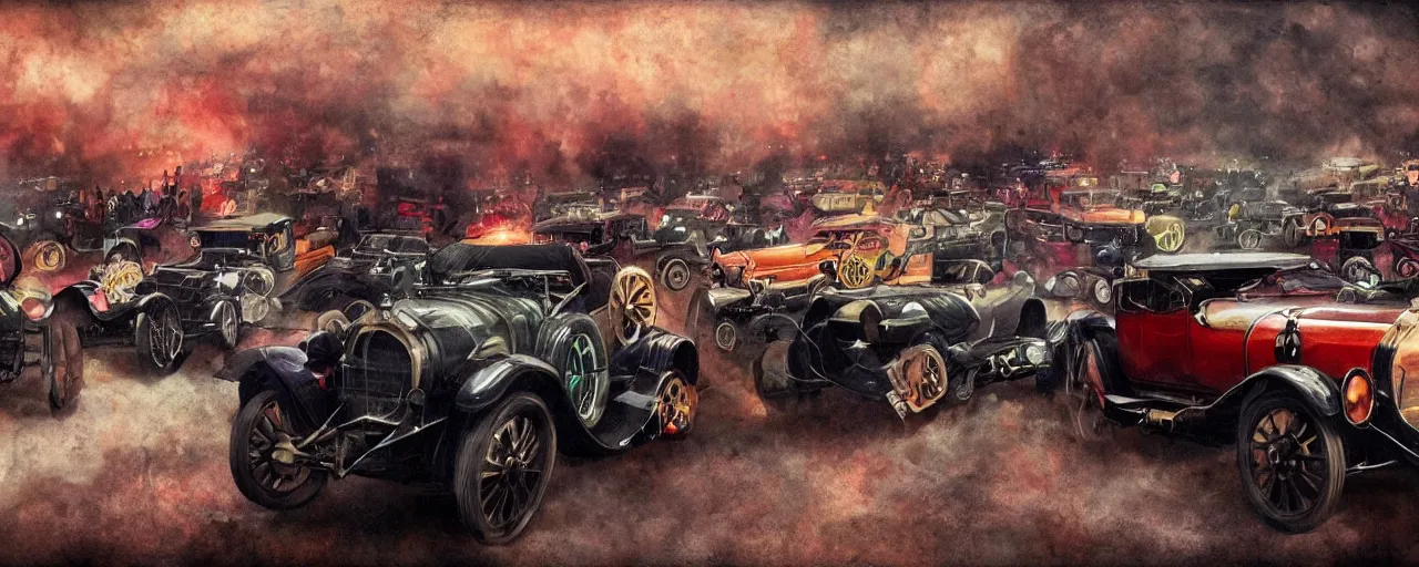 Prompt: 1920s race car rally, very dark and intense, vivid colors, trending on artstation, 8K, ultra wide angle, pincushion lens effect