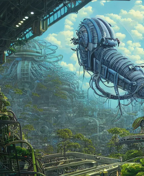 Image similar to a giant industrial plant made out of isopod wasp octopus, in the style of a spaceship, overgrown with orchids, godbeams, partly cloudy, somber, dramatic lighting, by geof darrow, dan mumford, yusuke murata, makoto shinkai, ross tran, cinematic, unreal engine, cel shaded, featured on artstation, pixiv