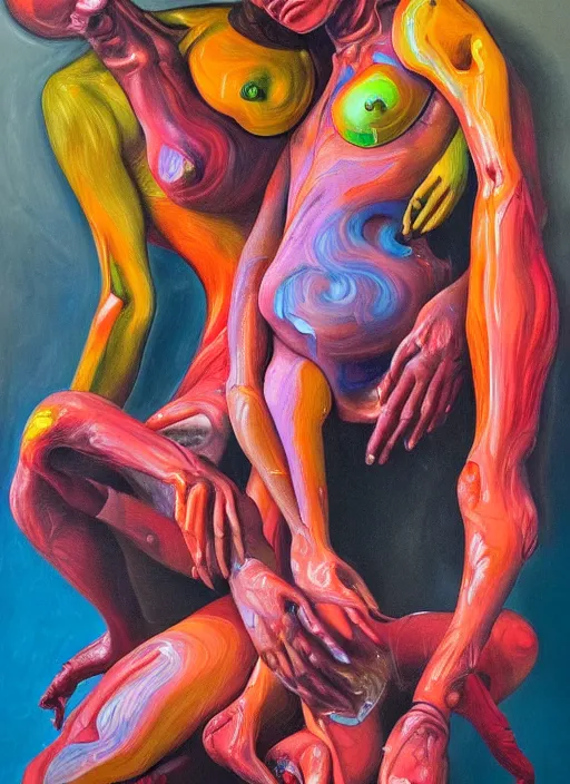 Prompt: a strange, biomorphic painting of two humanoid figures entwined, extra limbs, in vibrant colours in the style of jenny saville, in the style of charlie immer, highly detailed, emotionally evoking, head in focus, volumetric lighting, oil painting, timeless disturbing masterpiece