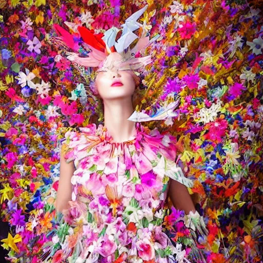 Prompt: a beautiful girl wearing an origami dress eye - level medium shot, fine floral ornaments in cloth and hair, hummingbirds, elegant, by eiko