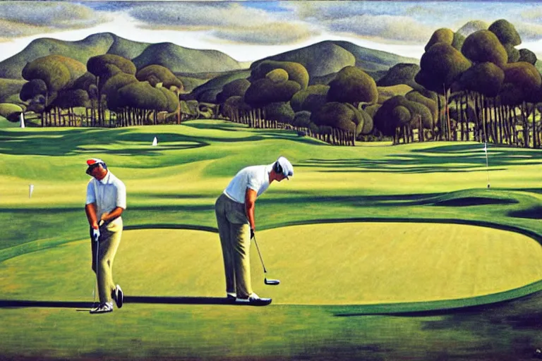 Image similar to Three golfers on a beautiful golf course driving range, by Diego Rivera