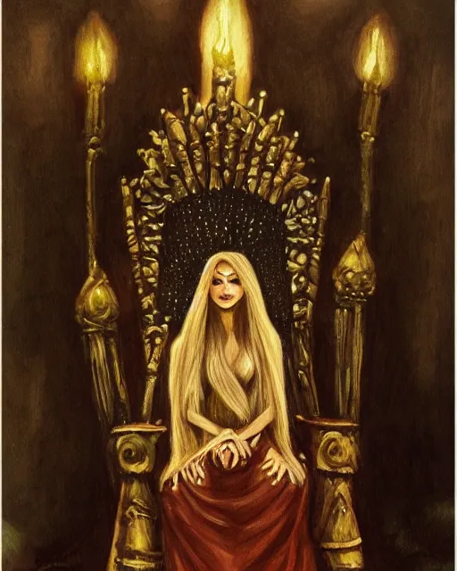 Image similar to an illustration of a queen with fair skin and dark stylises hair on a throne at night by tolkien, realistic, detailed, oil painting